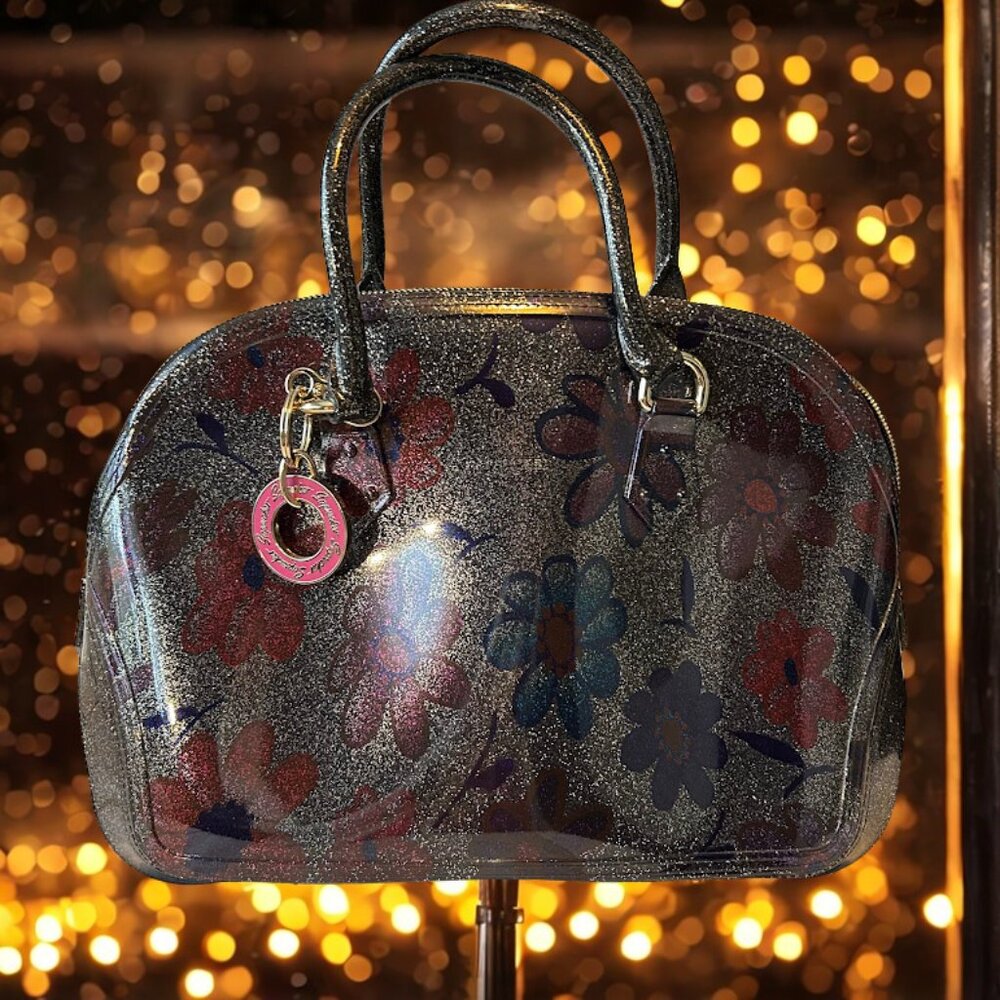Glitter Floral Jelly Dome Satchel – Clear PVC Top-Handle Handbag, Silver Hardwar